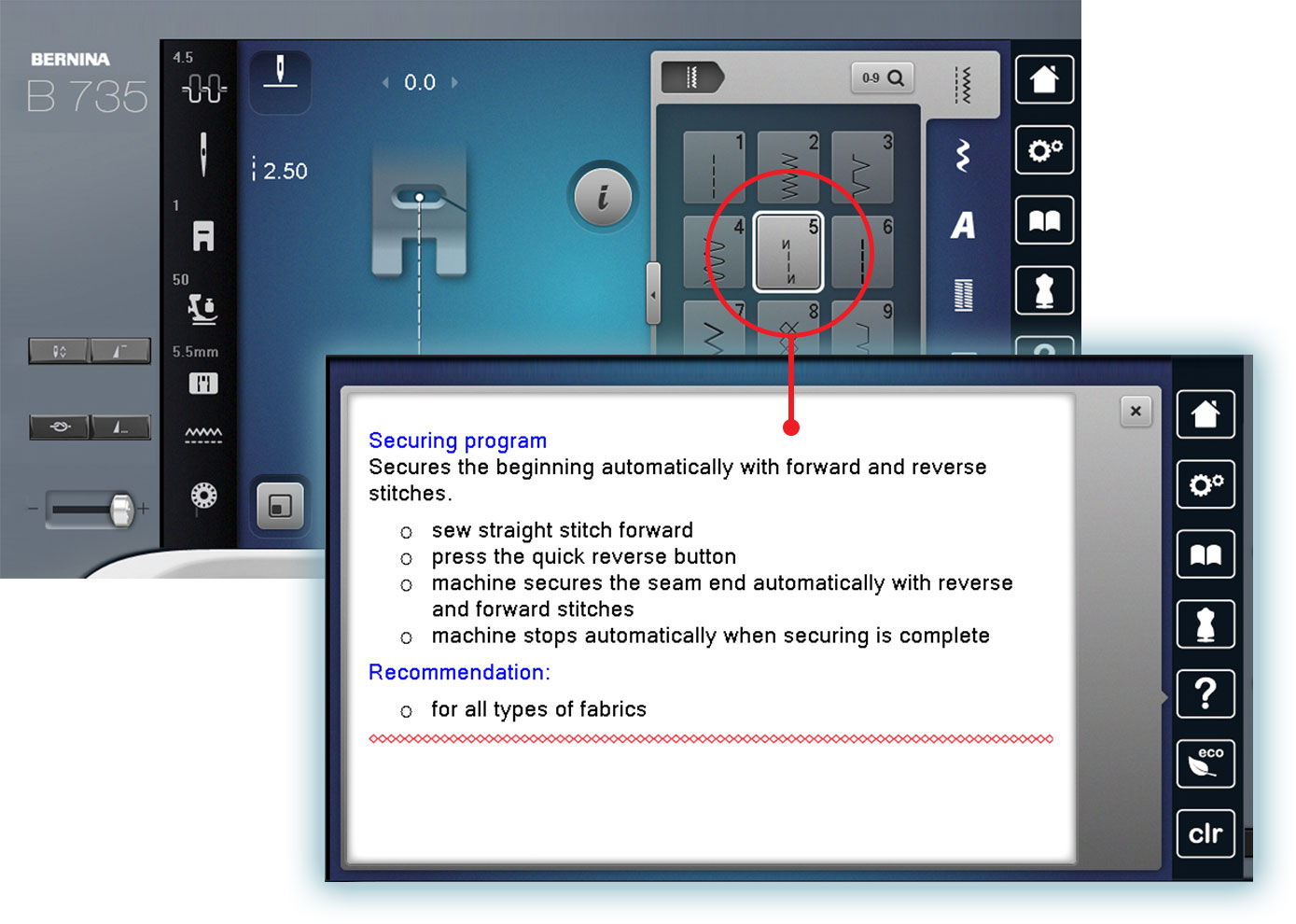 Secure the beginning and end of a stitch using the securing function.
