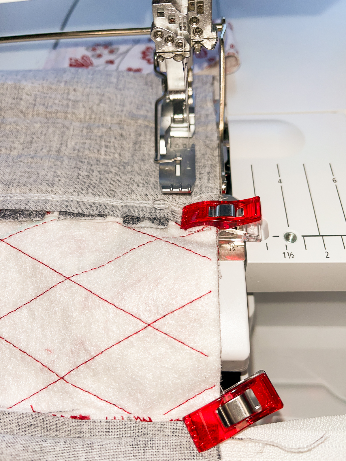 Close-up view of sewing in progress