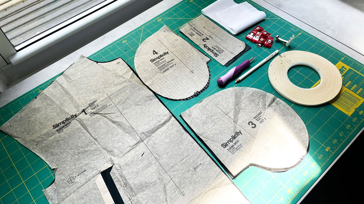 A flatlay of materials for sewing a welt pocket