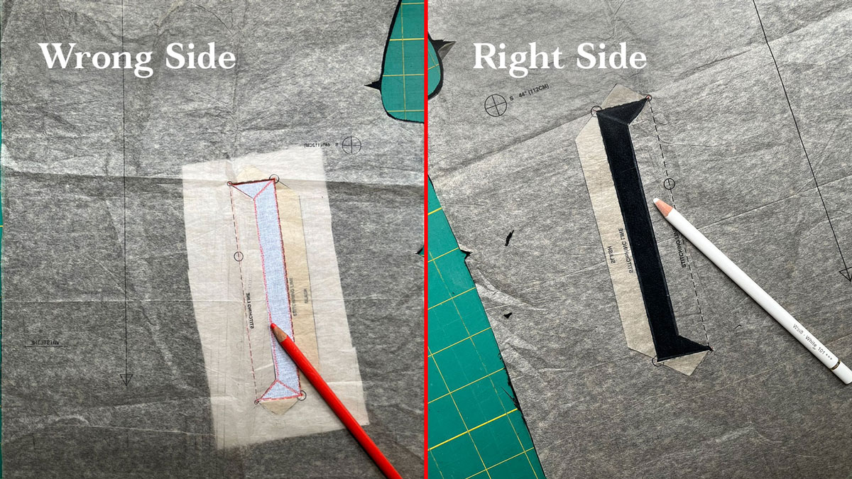 Marking the welt pockets outlines and cutlines on front and back pocket opening. Both wrong side and right side are shown. The wrong side is interfaced.