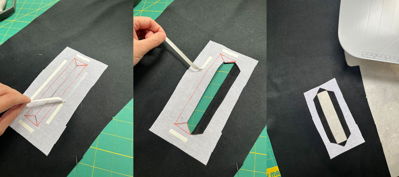 Three side-by-side images that show the steps of folding the tabs of a welt pocket opening back and securing with sticky tape.