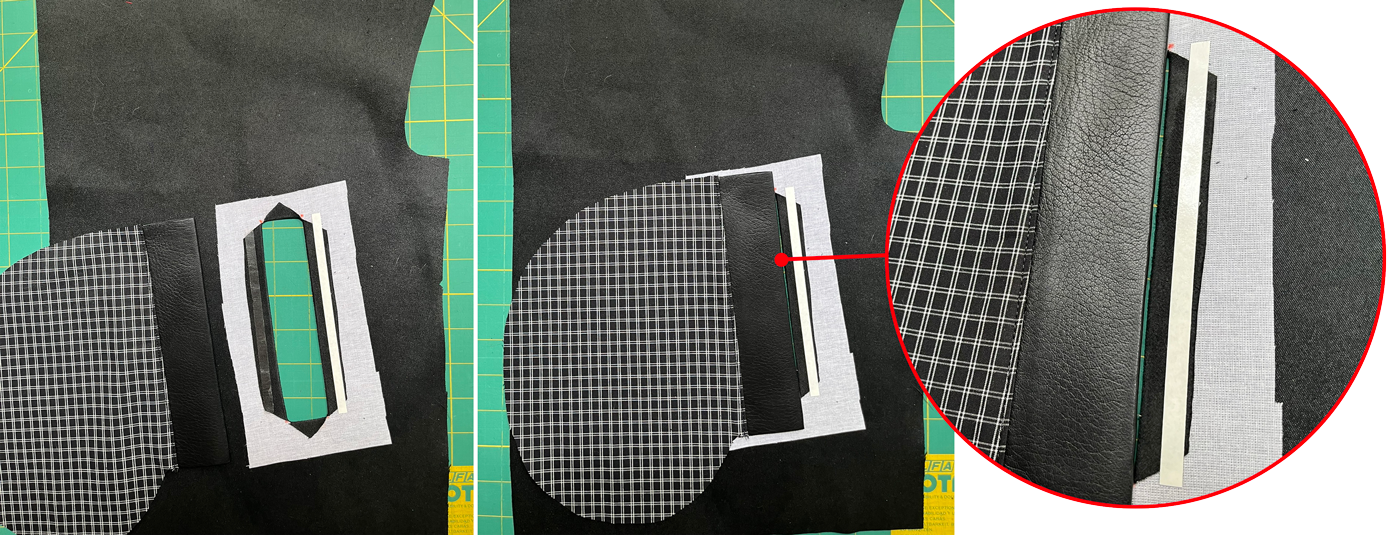 Two images side by side showing sticky tape on the top and bottom (long edges) of a welt pocket. The bottom sticky tape holds the front pocket bag in place. A detail shot shows a sliver of space between the top of the welt and the top of the pocket opening.