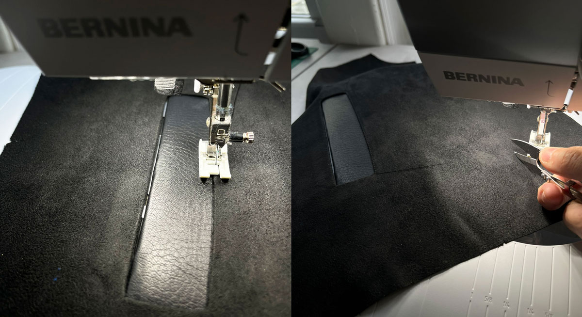 A sewing machine is edgestitching a welt along the bottom edge of the pocket opening from the right side of the project.