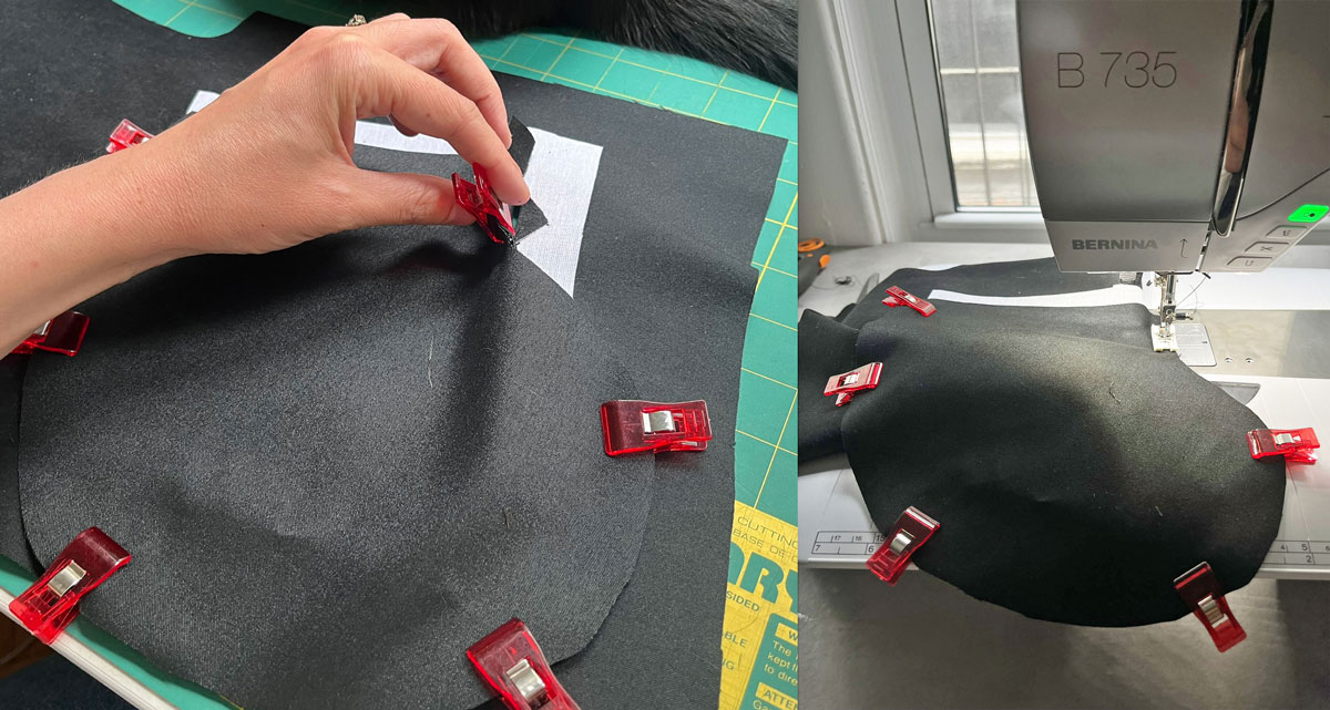 The front and back pocket bags are clipped together so that they can be stitched together– making sure to keep stitching free of the project.
