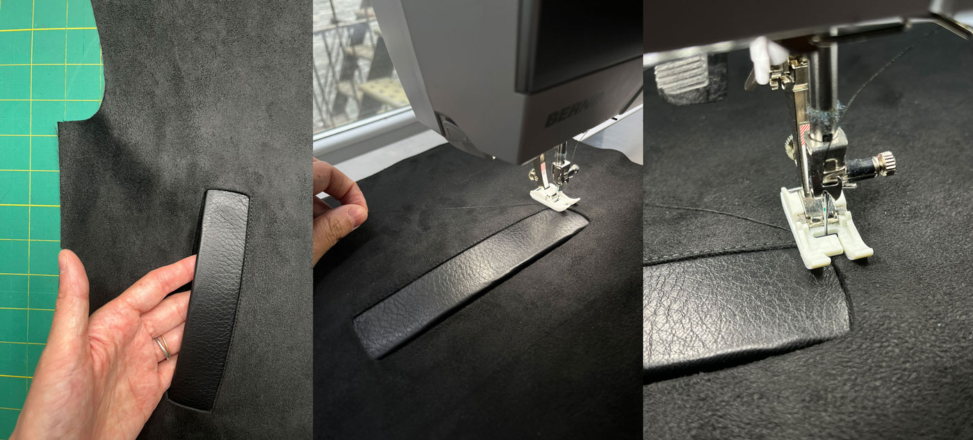 Final edgestitching around the remaining three unstitched edges of the welt pocket are shown.