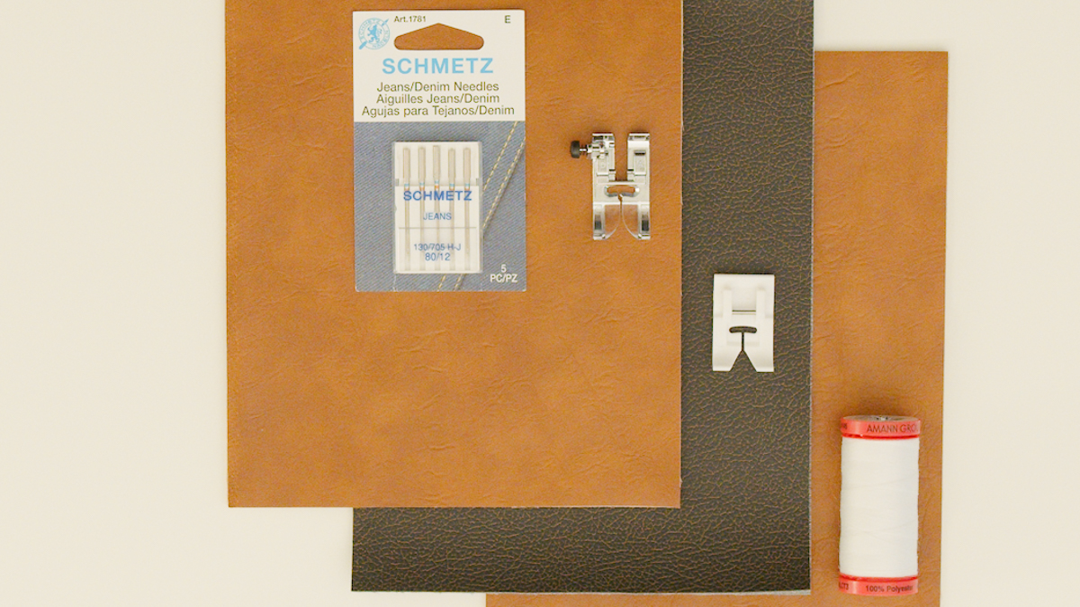 Leather samples, feet, needles, and thread in various colors