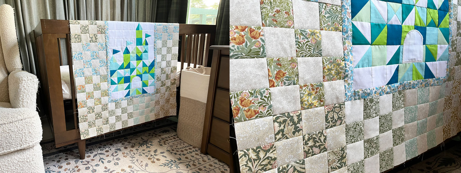 A finished baby quilt top. A center castle-inspired block is framed with 16-patch blocks.