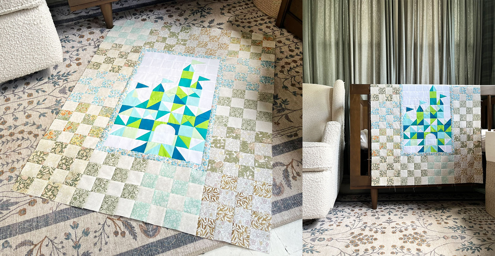 A finished baby quilt top. A center castle-inspired block is framed with 16-patch blocks.