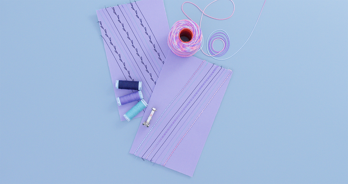 Purple fabric samples showing decorative stitching techniques with Cordonnet thread, alongside spools of colorful thread and a BERNINA presser foot