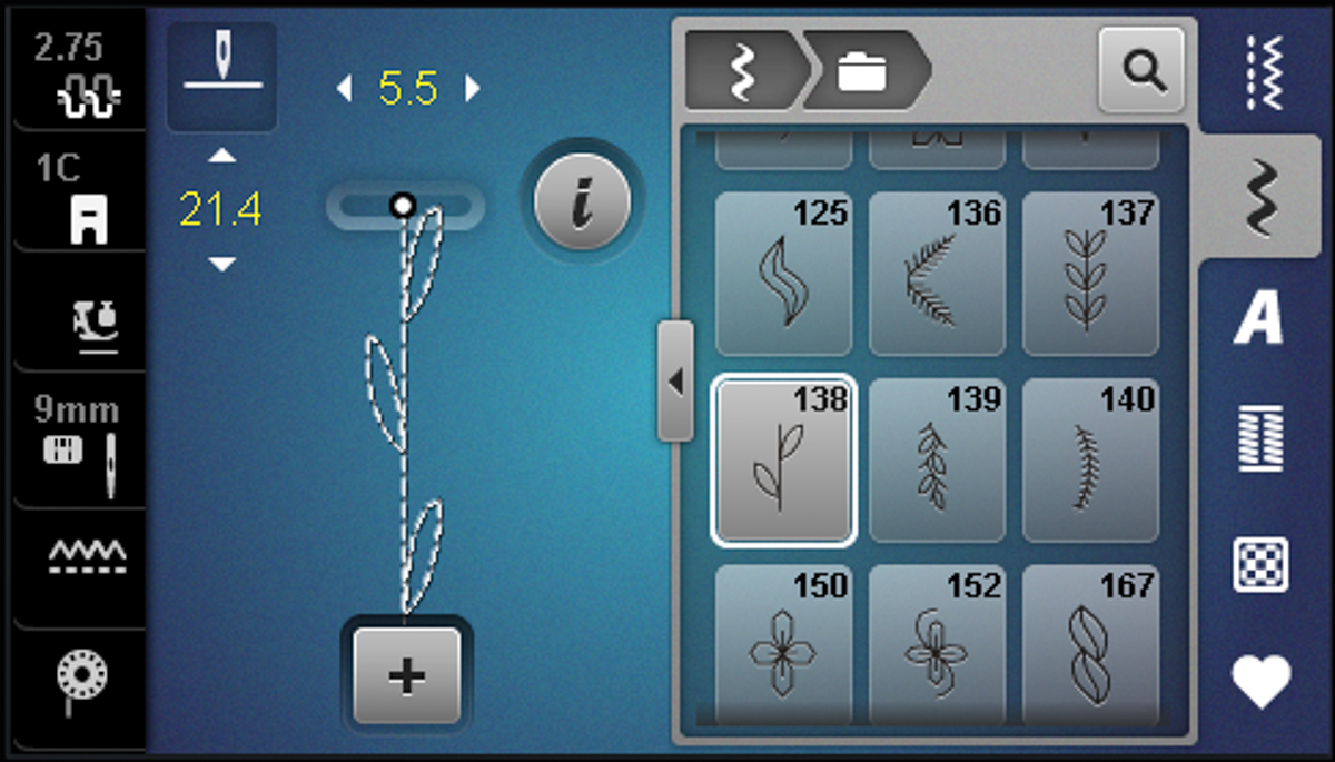 BERNINA sewing machine touch screen showing decorative stitch selection menu with stitch #138 highlighted and width set to 5.5 mm