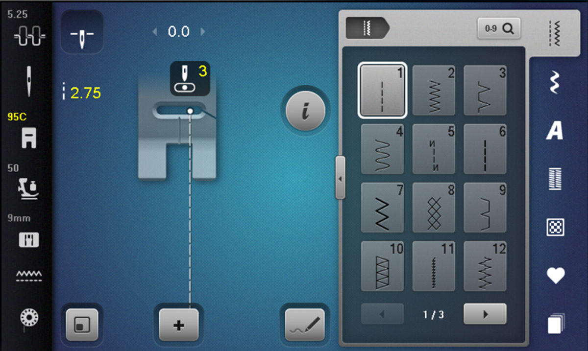 sewing machine display svreen highlighting the straight stitch.