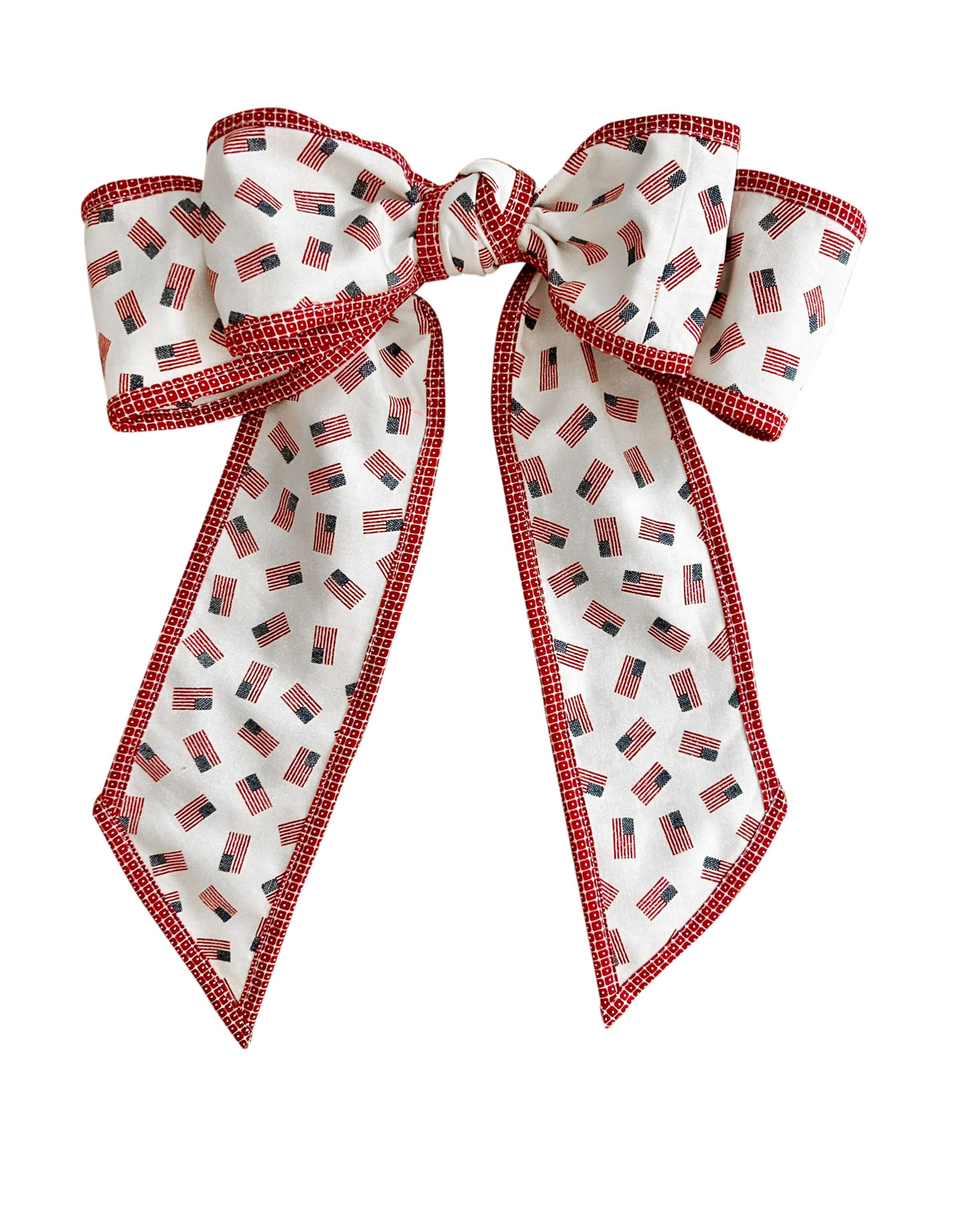 a white bow with American flags displayed on a white background.