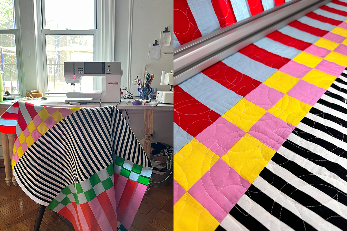 A side-by-side collage of two images. On the left the free baby quilt pattern top drapes over a chair in front of the B 735 in Jaclyn's sewing studio. On the right, the quilt is in BERNINA ambassador Jen Sorenson's studio on the Q 24 longarm.