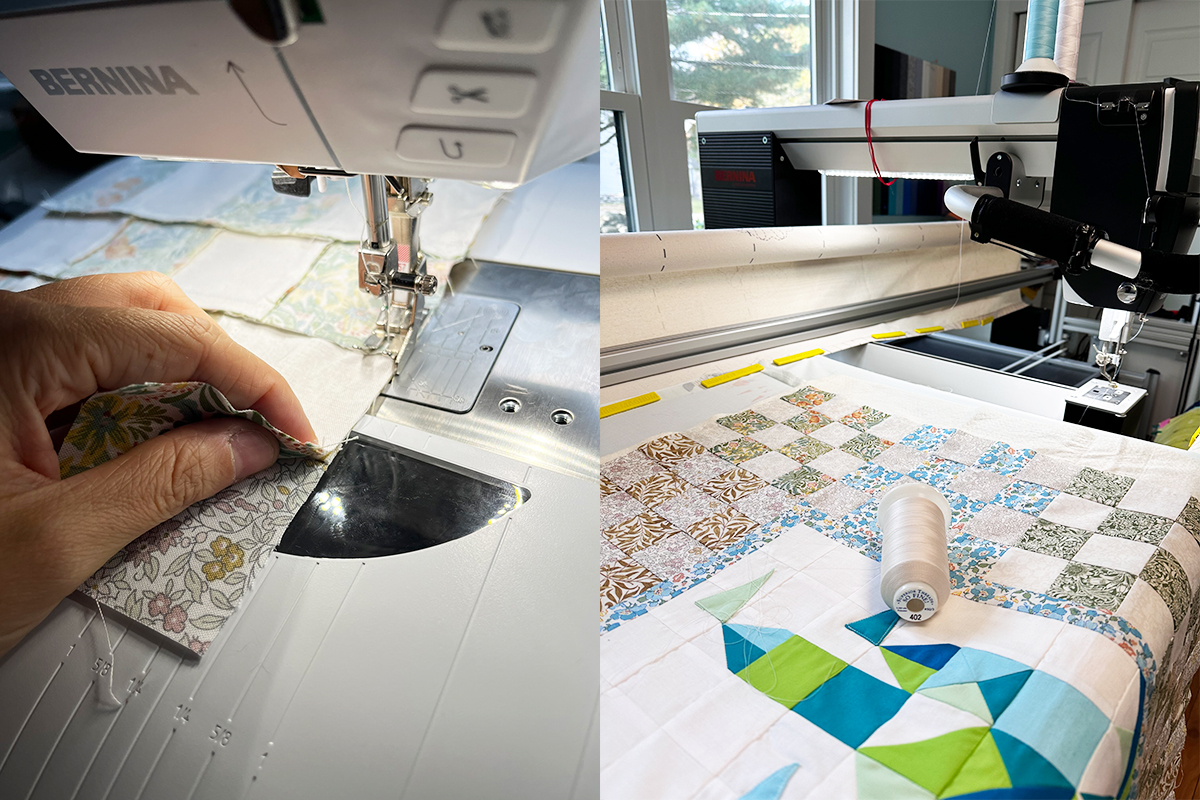 A side-by-side image collage featuring two images. On the left is Jaclyn piecing a quilt top on the B 735 sewing machine. On the right, Jen is longarming that same quilt.