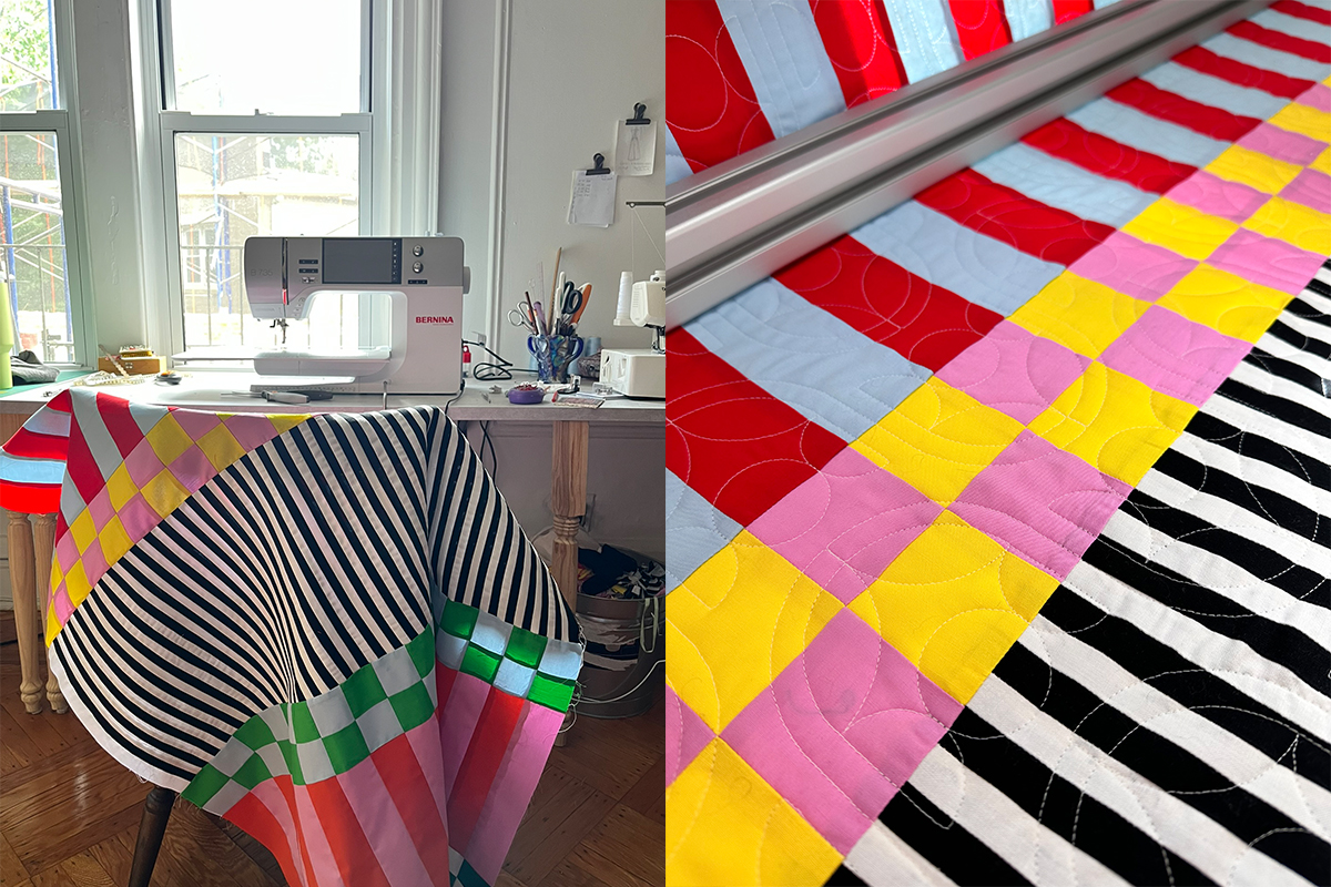 A side-by-side image collage featuring two images. On the left a very bright and colorful quilt is on Jaclyn's B 735 sewing machine. On the right, Jen is longarming that same quilt.