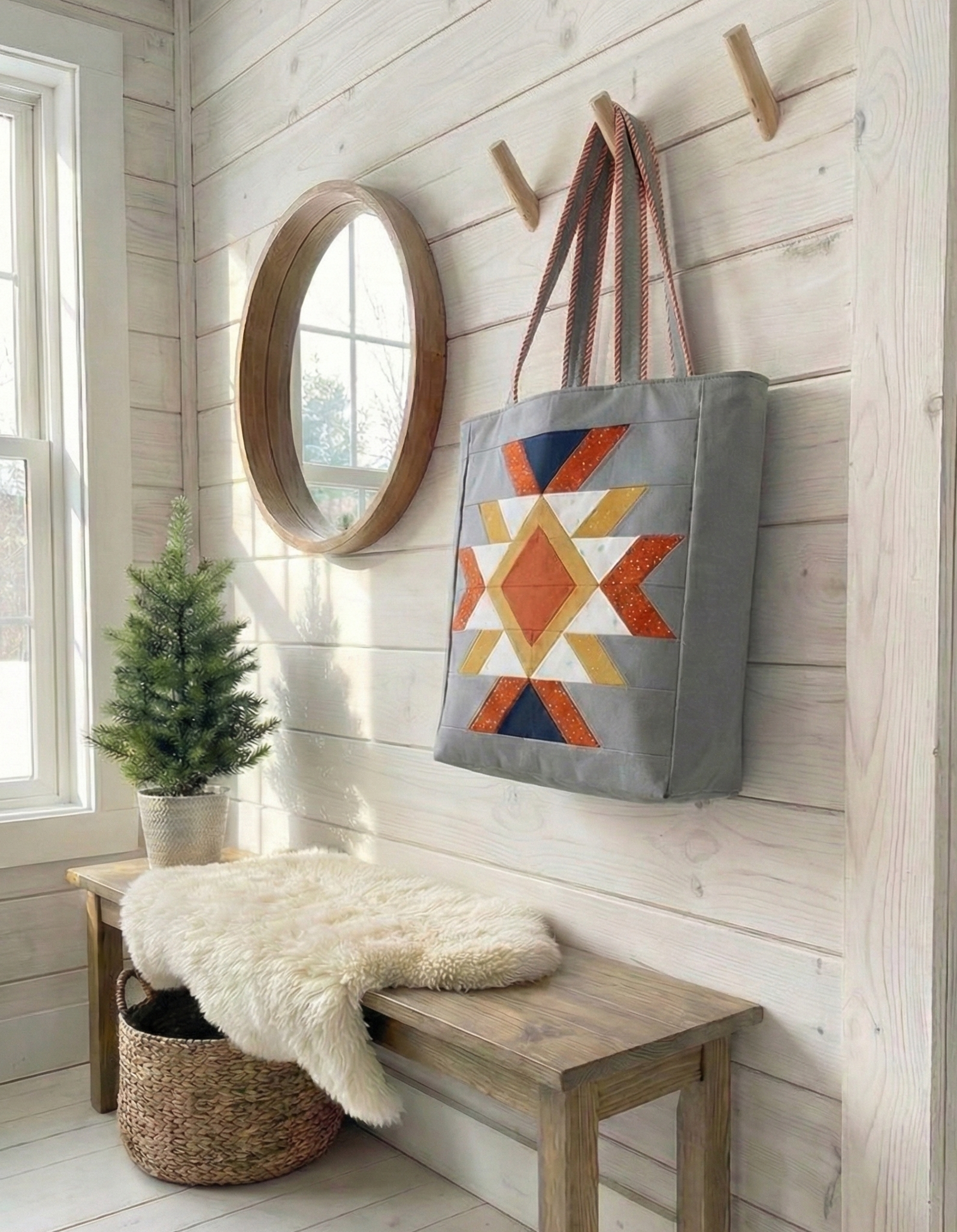 Aztec quilt block turned into a tote bag by Joe June and Mae