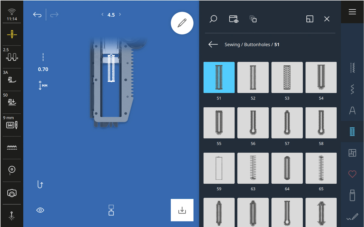 Display screen on the B 990 for easy buttonholes with embroidery
