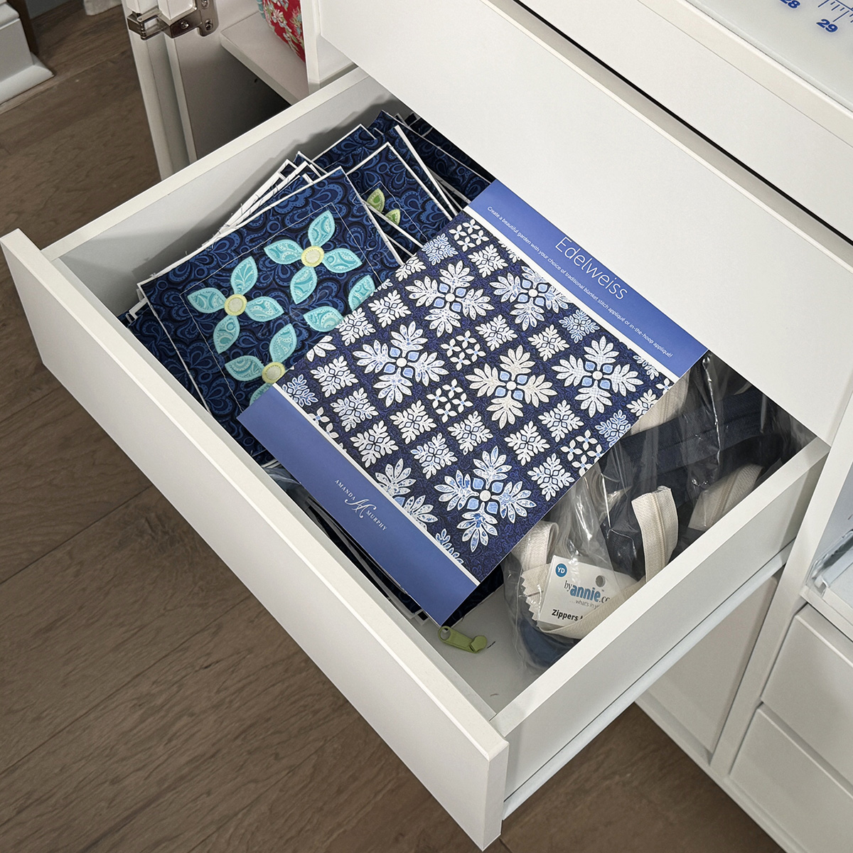 The bottom wide drawer is deep, so it has space for many projects.