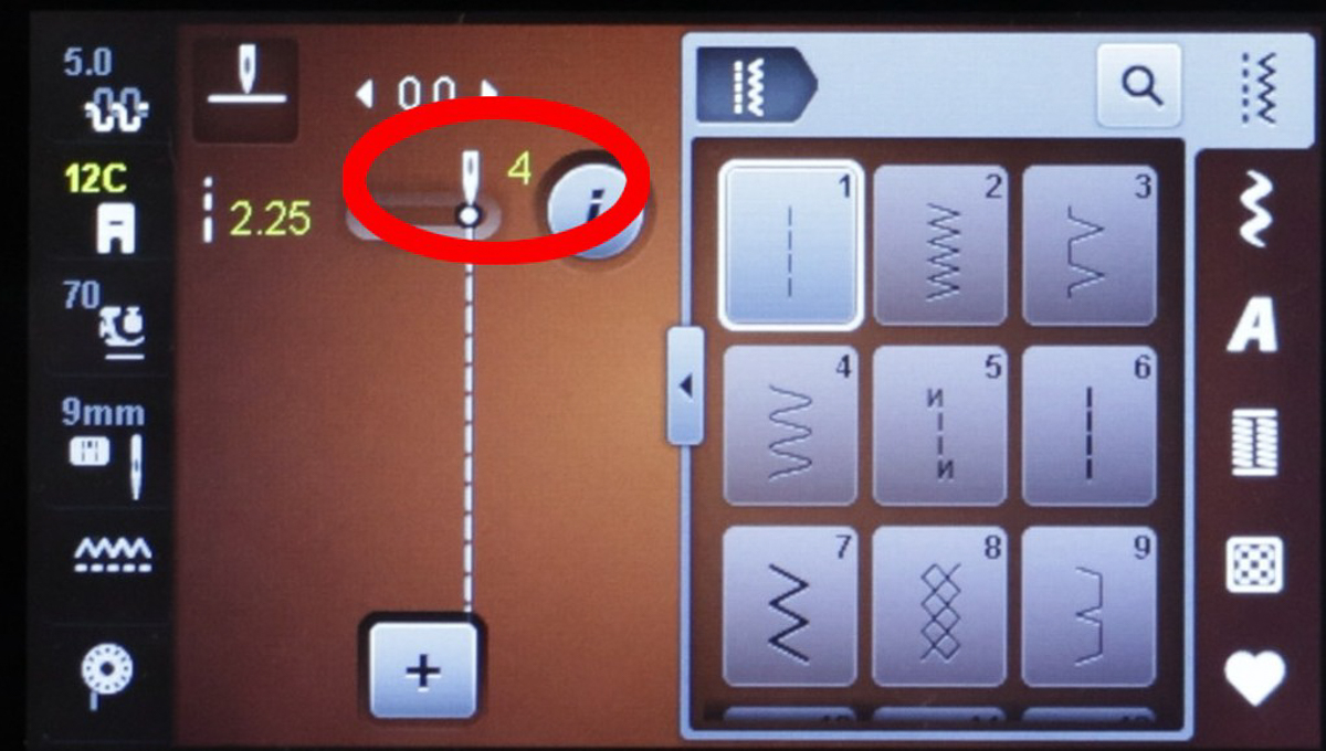 BERNINA sewing machine display screen showing the stitch settings circled in red